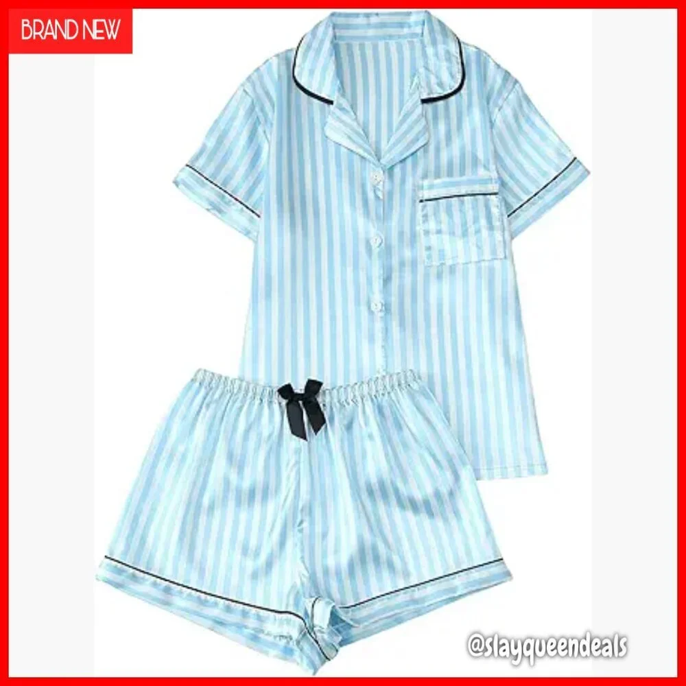 Satin Pajama Set with Button Up Top and Shorts, Striped Silk Pajamas
